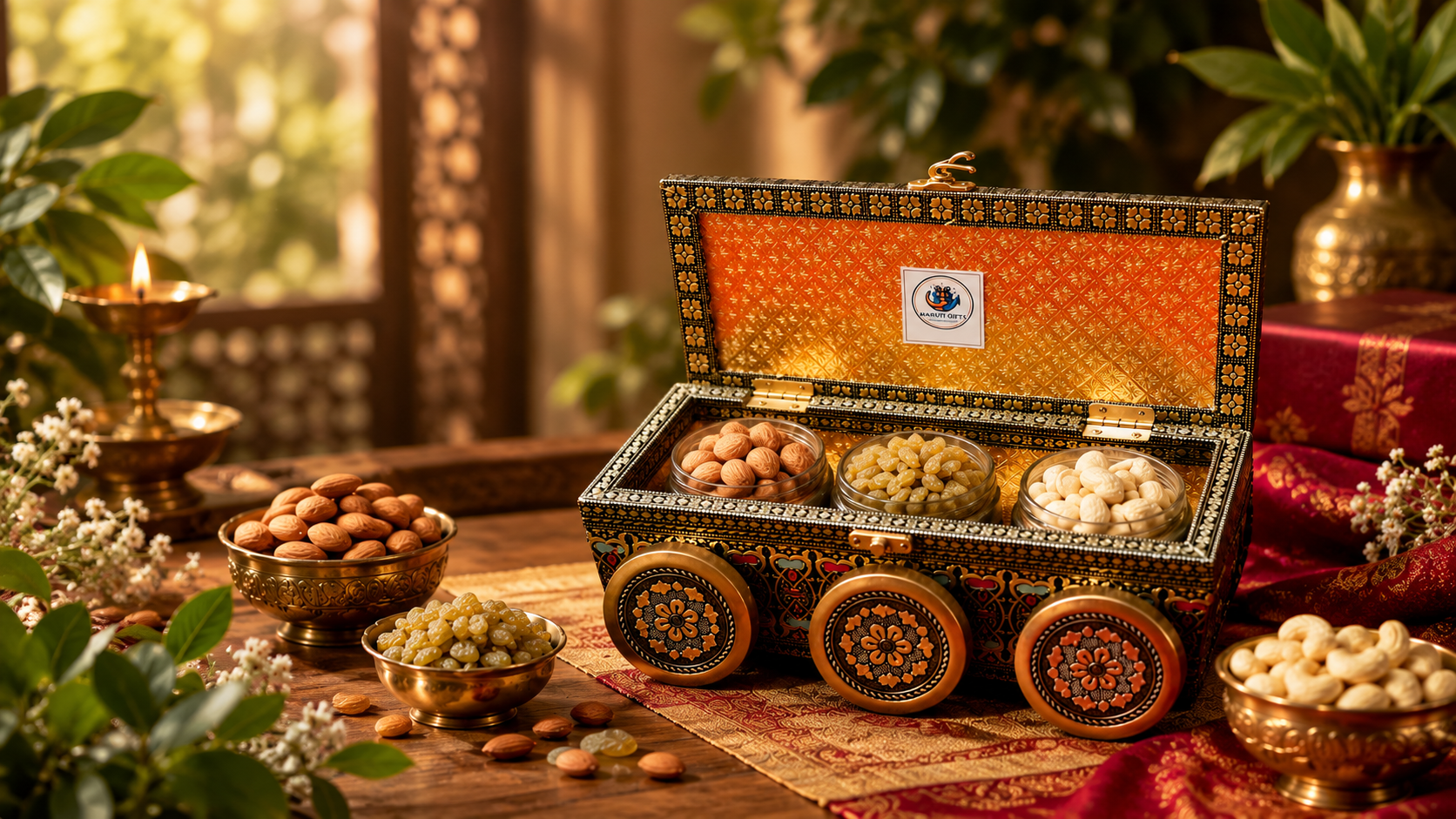Maruti Gifts festive dry fruit gift box with jars, opened on a decorated table